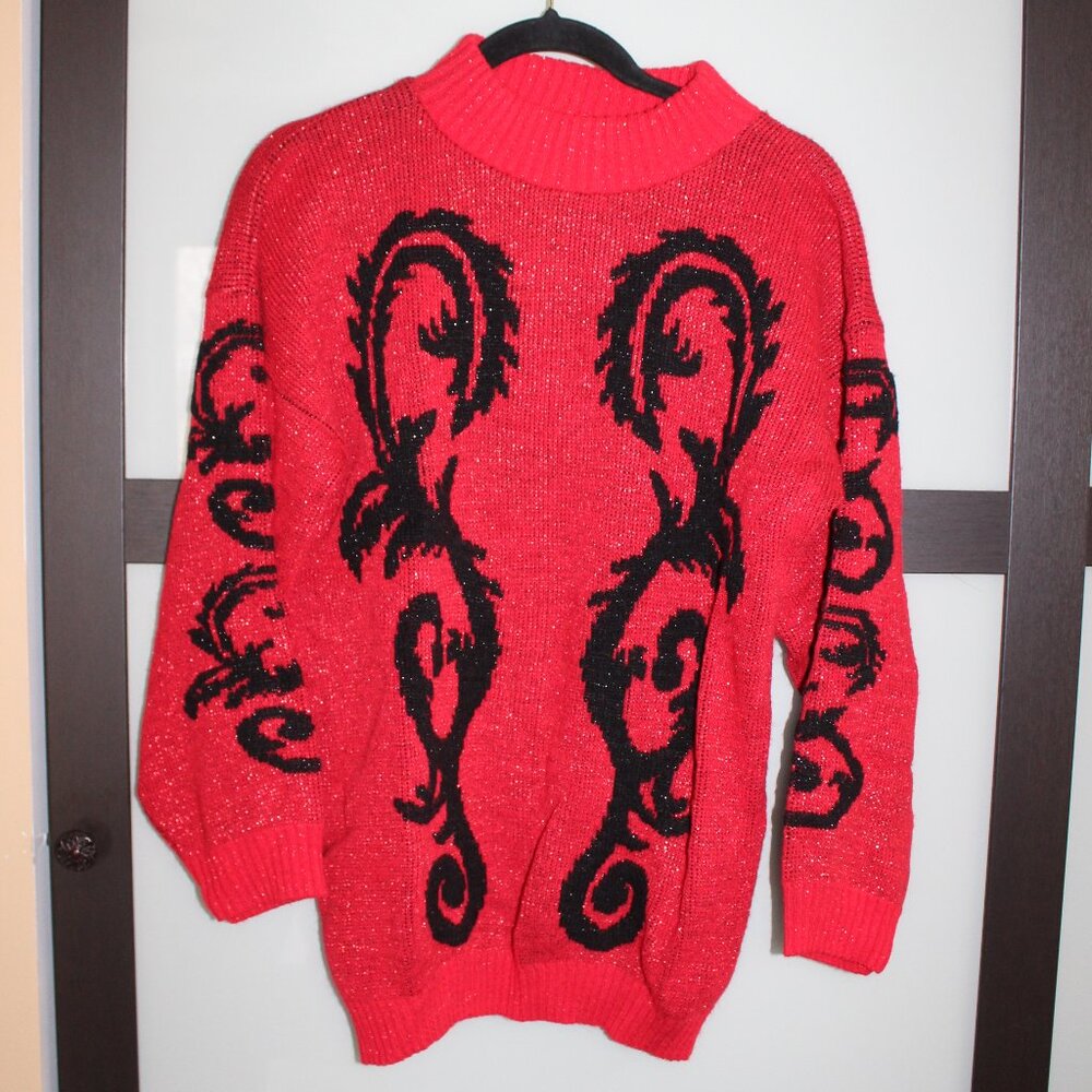 Ellen D Kollection Vintage Sparkly Red and Black Women's Sweater